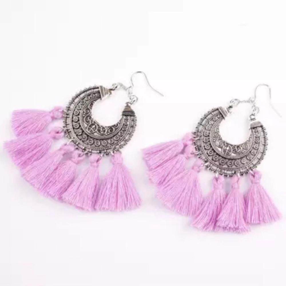 ✨ MAKE OFFER ✨ BOHO STAMPED PURPLE TASSEL EARRINGS